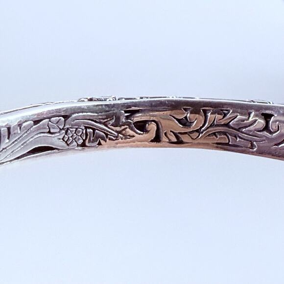 DESIGNER BLUE TOPAZ Floral Hinged Open Cuff Bracelet Sterling Silver Signed - Picture 4 of 11